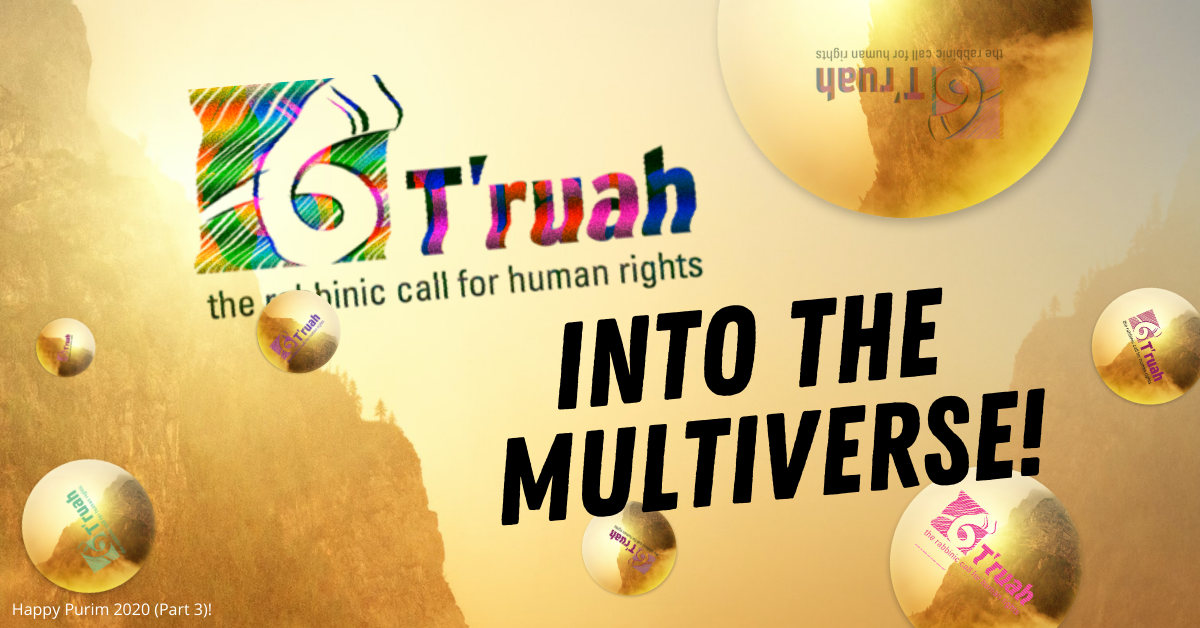 A graphic that says T'ruah: Into the Multiverse with yellow planets spreading in all directions.