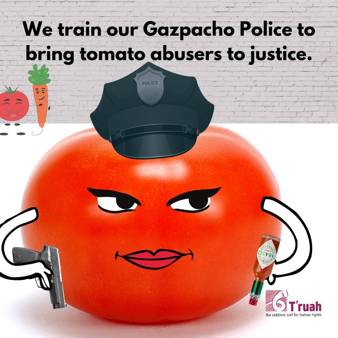 A tomato wearing a police hat, with a gun and a bottle of hot sauce in her holsters. The text says 