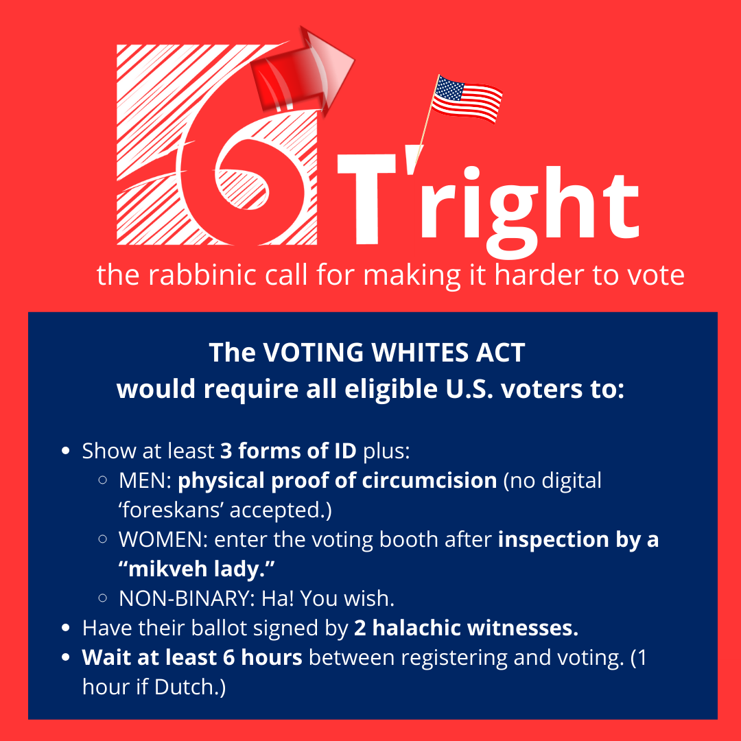 A red and white logo for T'right: The Rabbinic Call for Making it Harder to Vote, with details about the Voting Whites Act