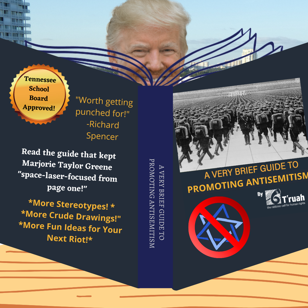 Donald Trump peers over the top of a mock-up of the Very Brief Guide to Promoting Antisemitism, which has a sticker that says it is 