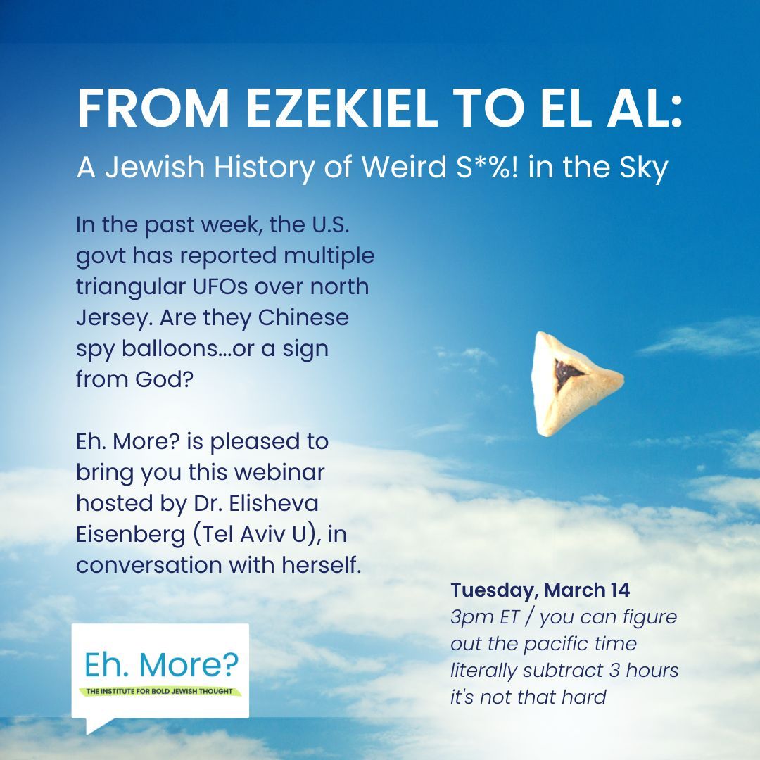 A mockup of Emor's webinar flyer with a hamentashen floating in the sky.